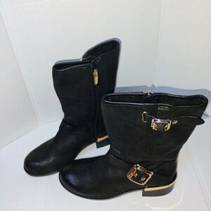 VINCE CAMUTO Black Leather Moto Boots western biker Womens 5M Dance Buckle NEW
